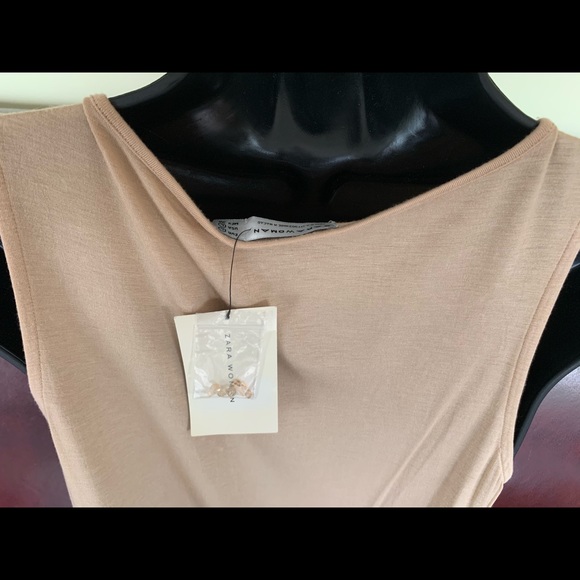Zara natural Tan color Tank Top sexy deep V neck with shiny beadings US M - Picture 7 of 13